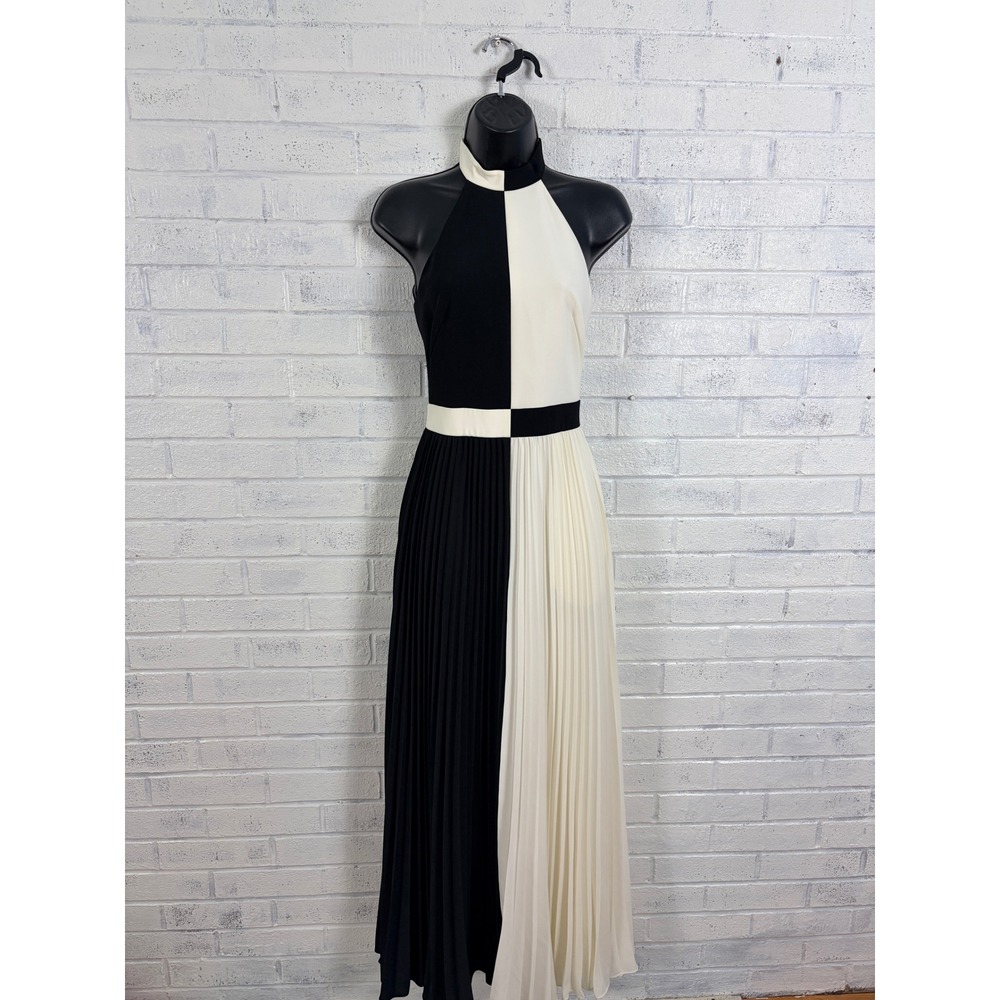 Ted Baker Lixia Maxi Dress Womens 1 Black White Colorblock Pleated Halter Neck